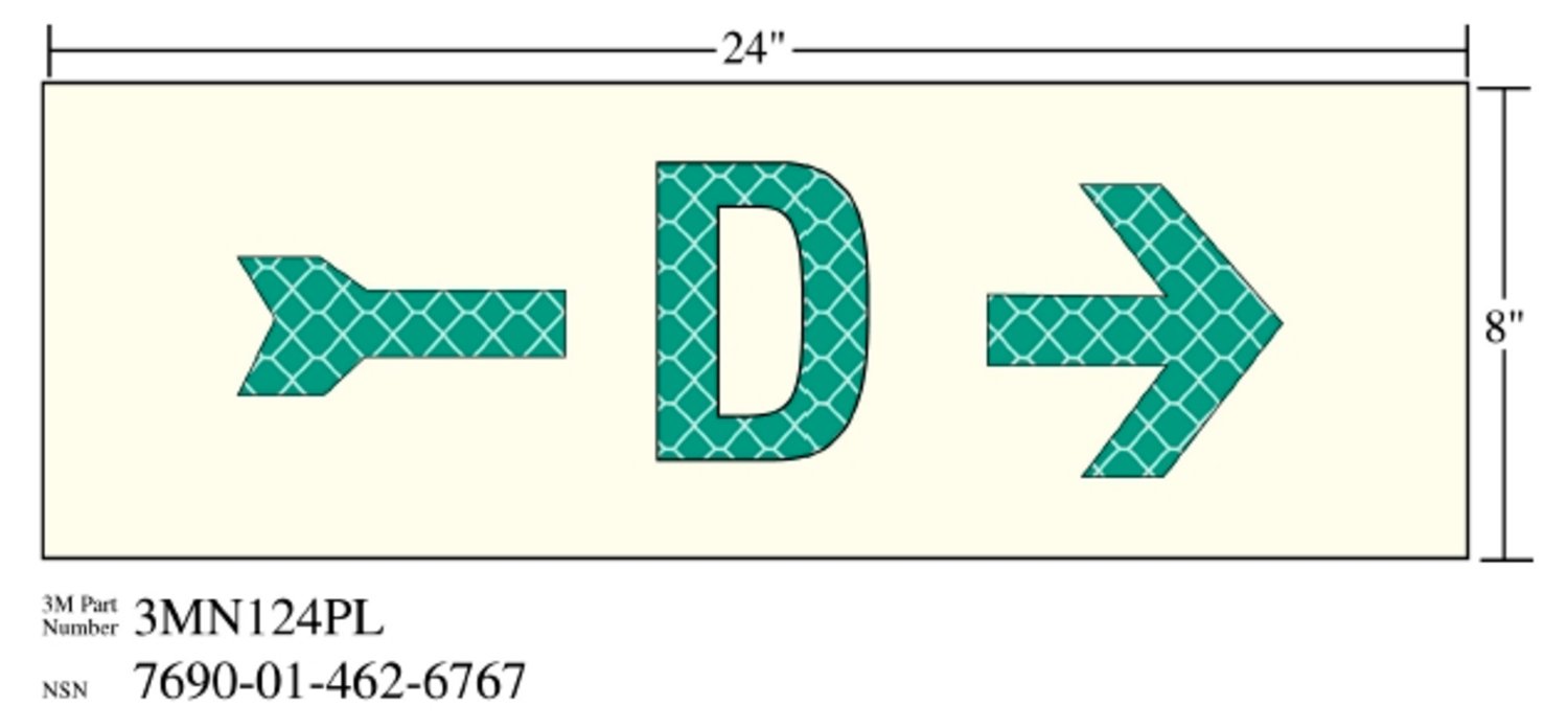 7010389820 - 3M Photoluminescent Film 6900, Shipboard Sign 3MN124PL, 24 in x 8 in, D
with Right Arrow, 10/Package