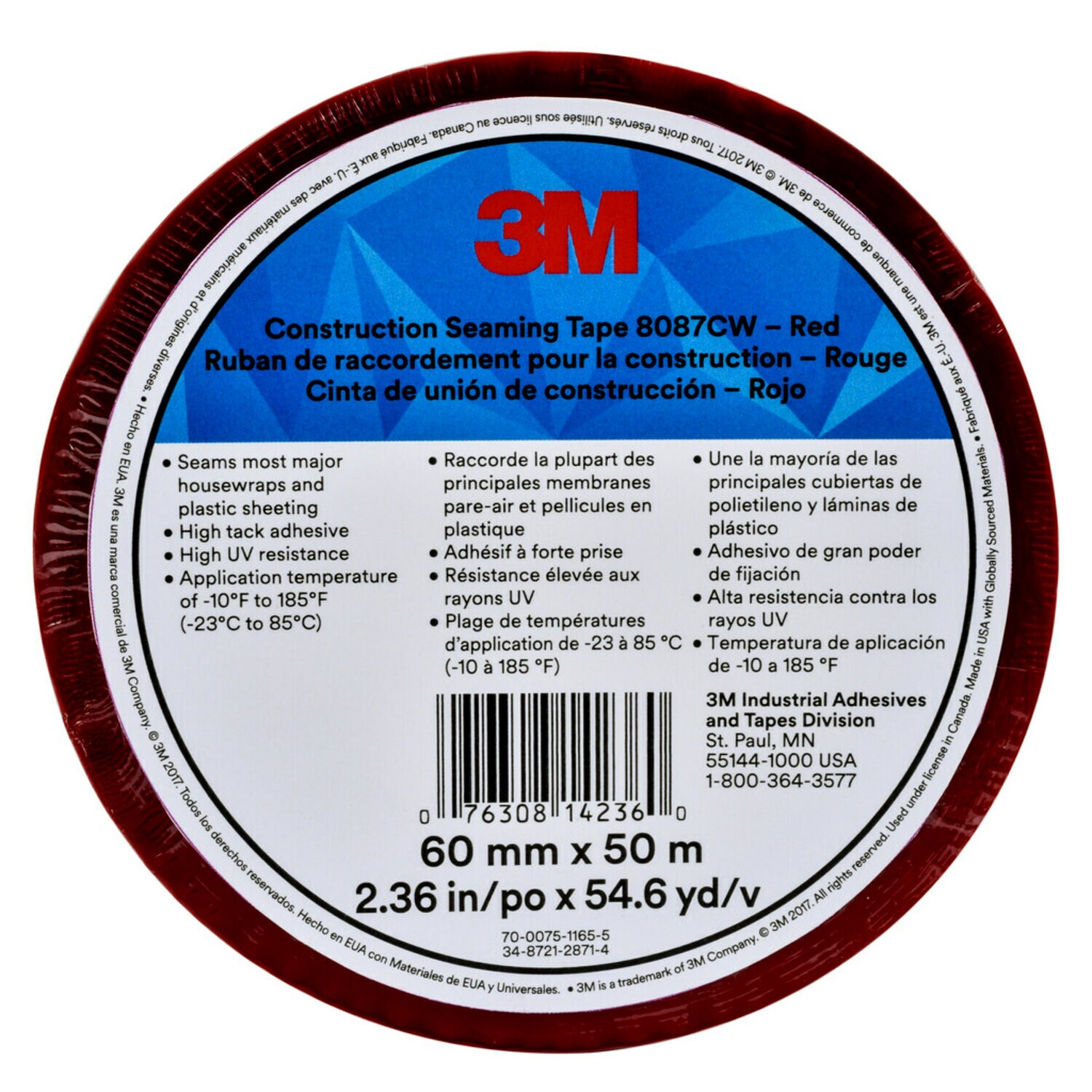 7010379551 - 3M Construction Seaming Tape 8087CW, Red, 60 mm x 50 m, 20 rolls per
case