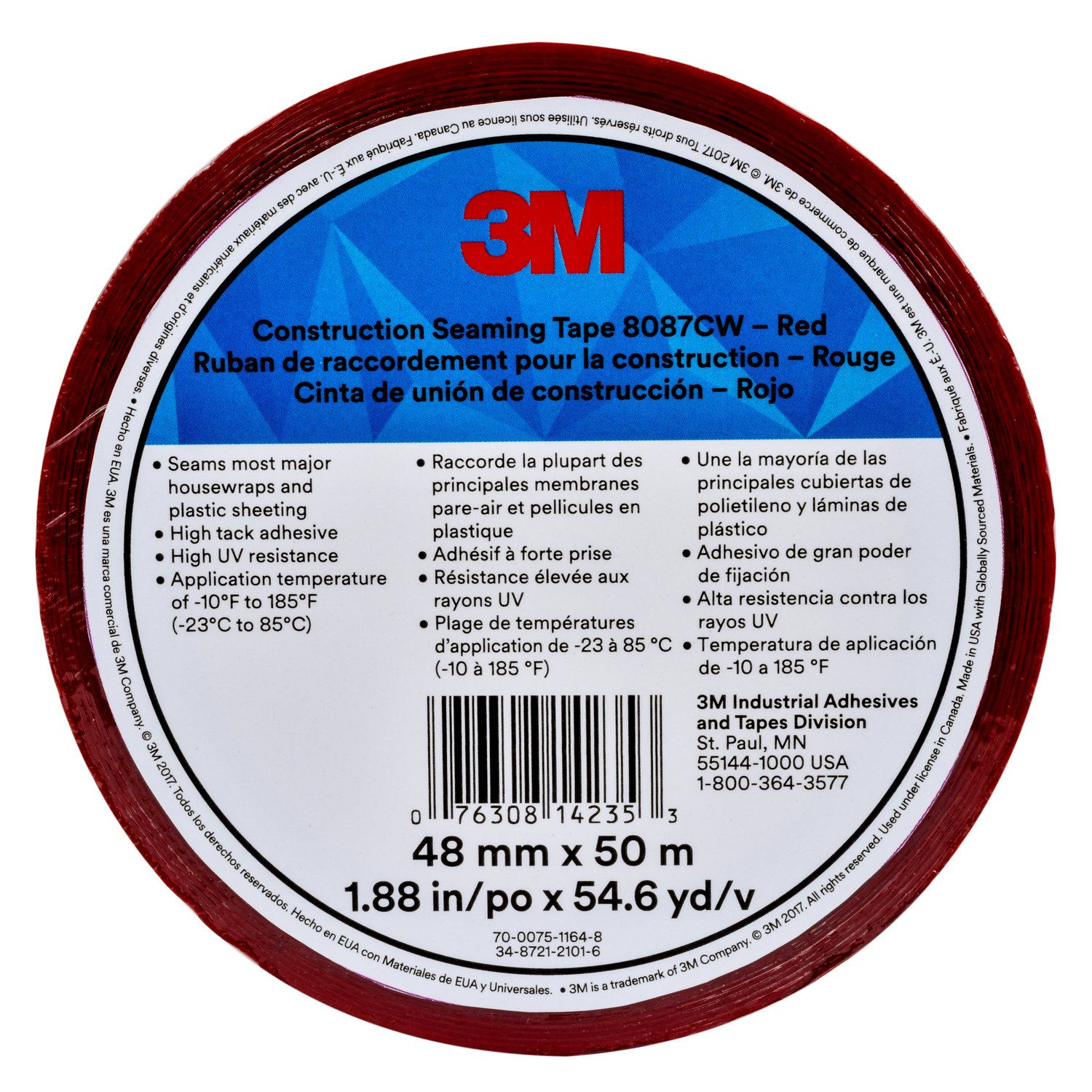 7010314187 - 3M Construction Seaming Tape 8087CW, Red, 48 mm x 50 m, 24 rolls per
case