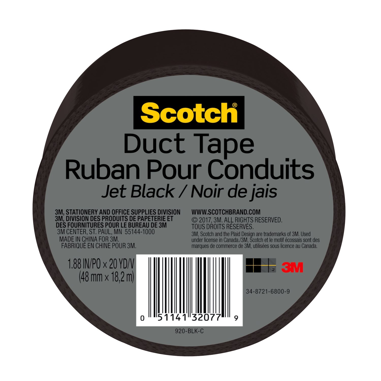 7100166626 - Scotch Duct Tape 920-BLK-C, 1.88 in x 20 yd (48 mm x 18,2 m), Black