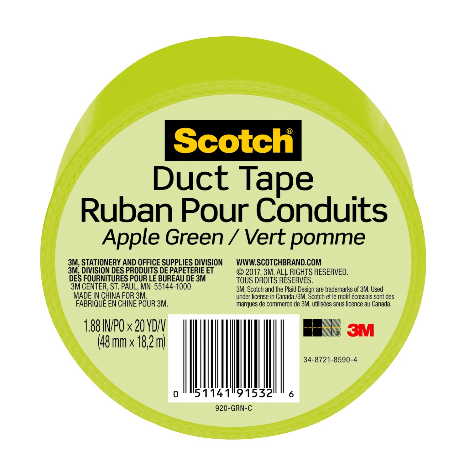 7100166509 - Scotch Duct Tape 920-GRN-C, 1.88 in x 20 yd (48 mm x 18,2 m), Green