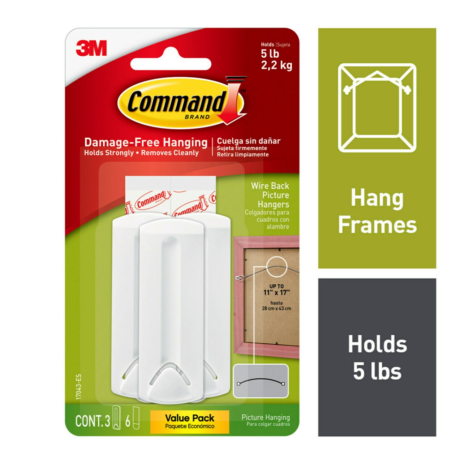 7100217210 - Command Wire Back Picture Hangers Value Pack 17043-ES, 3 hangers, 6 strips