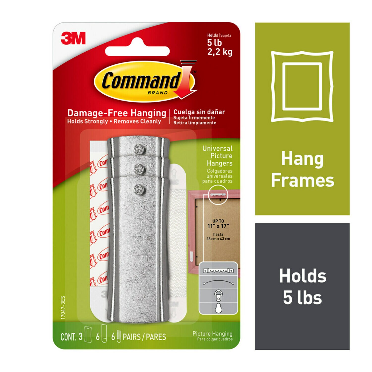 7010376964 - Command Universal Picture Hangers, 3 hangers, 6 strips, 6 stabilizer pairs, 17047-3ES