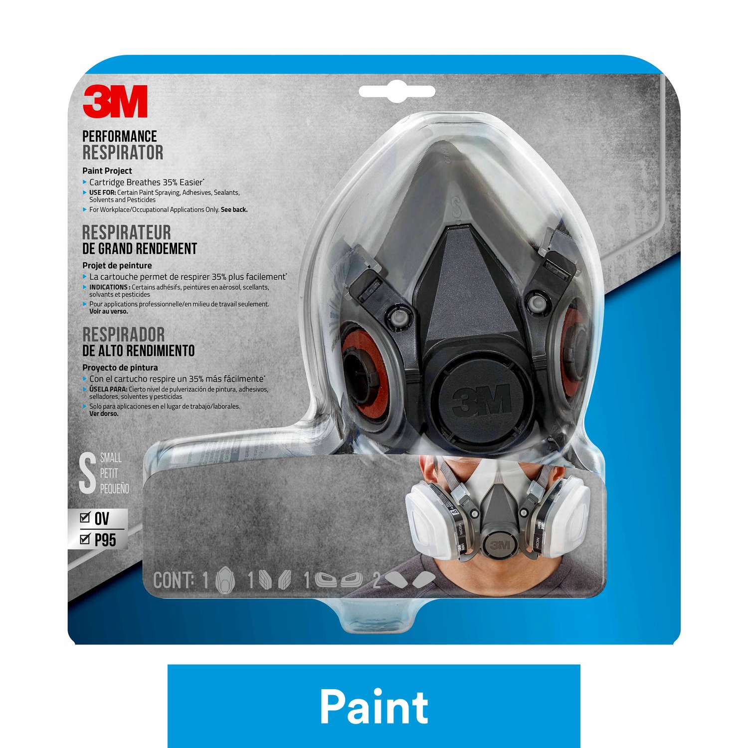 7100158597 - 3M Performance Reusable Paint Project Respirator OV/P95, 6111P1-DC,
Size Small, 1 each/pack, 4 packs/case