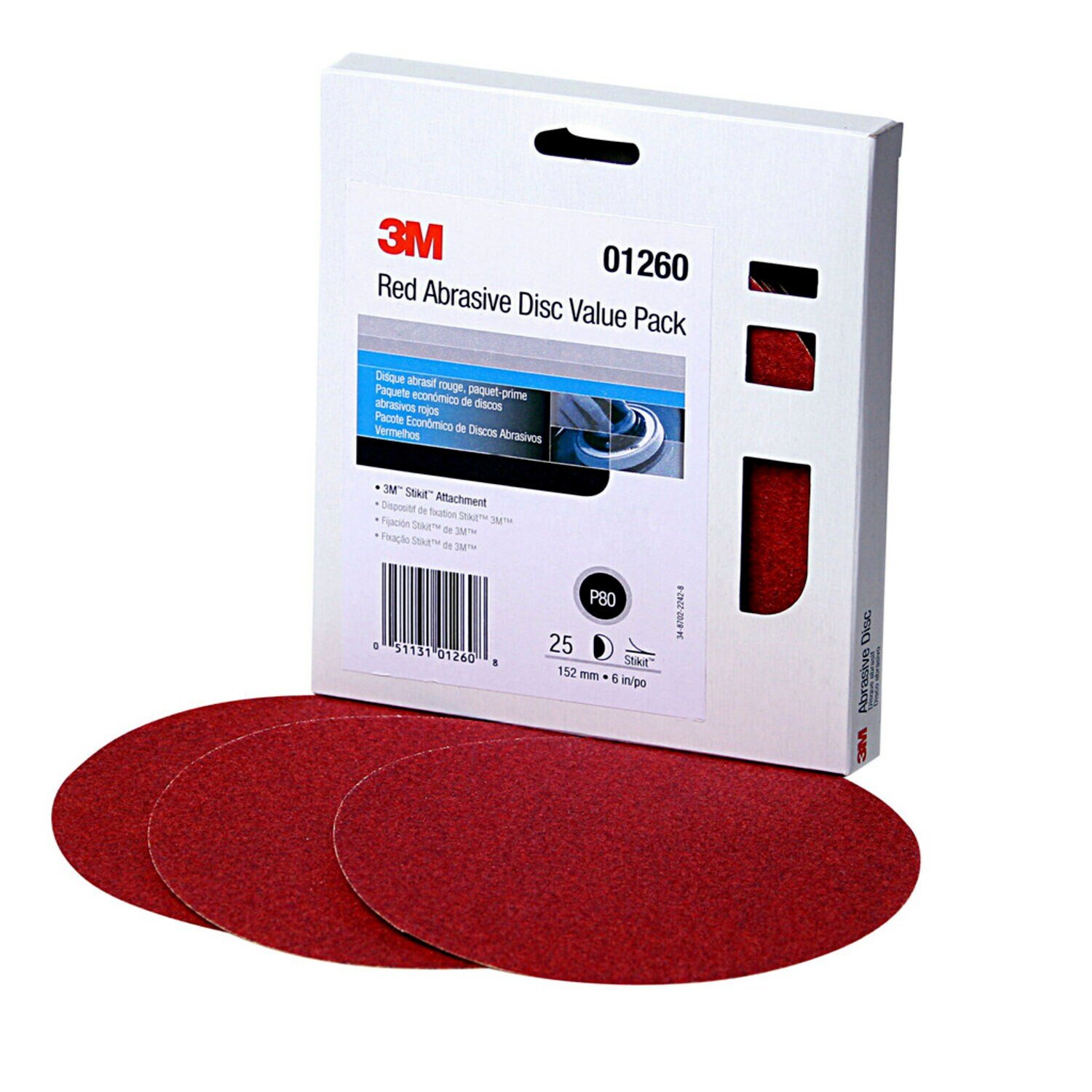 7010327776 - 3M Red Abrasive Stikit Disc Value Pack, 01260, 6 in, P80, 25 discs per
carton, 4 cartons per case