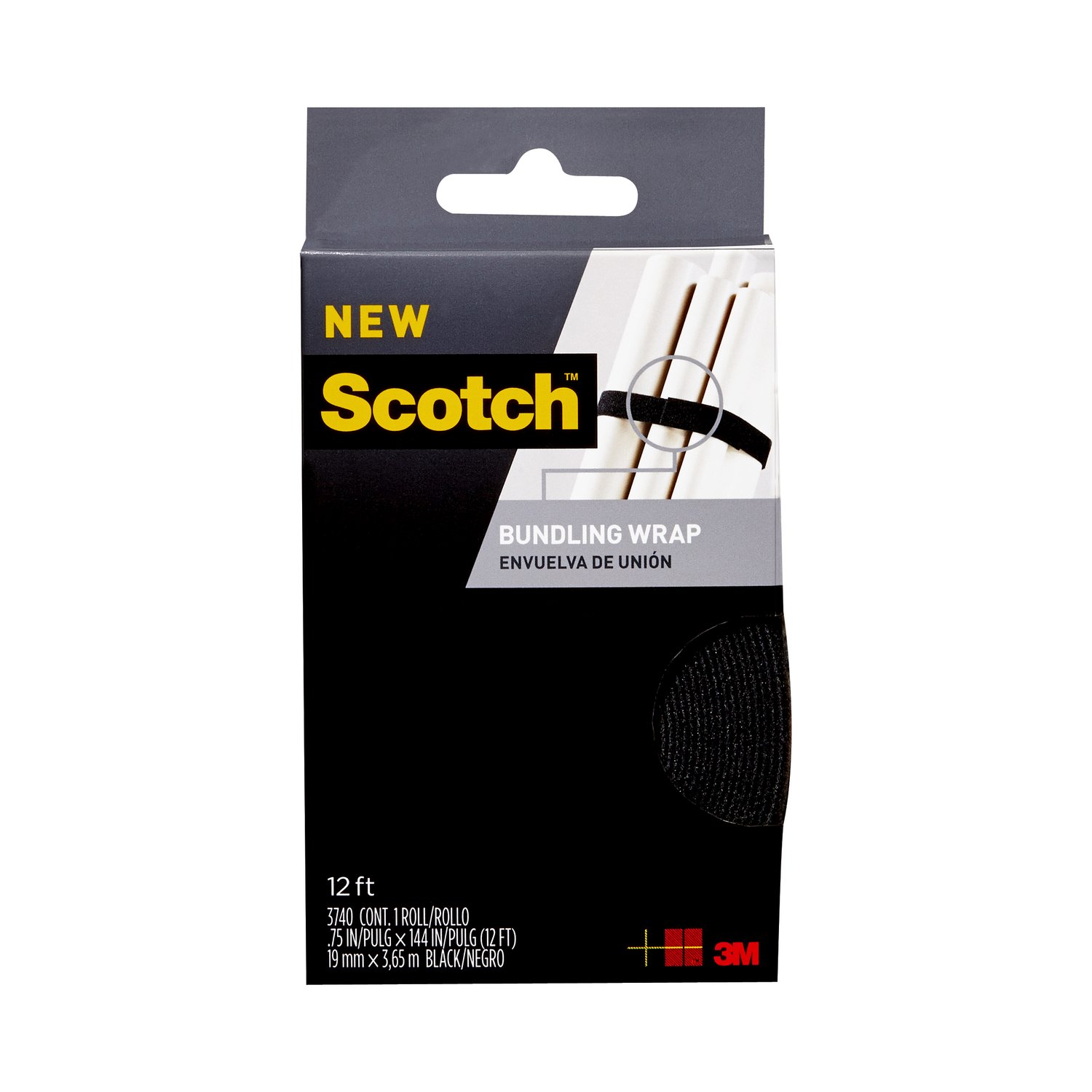 7010376347 - Scotch Bundling Wrap, RF3740, 0.75 in x 12 ft (19,0 mm x 3,6 m) Black