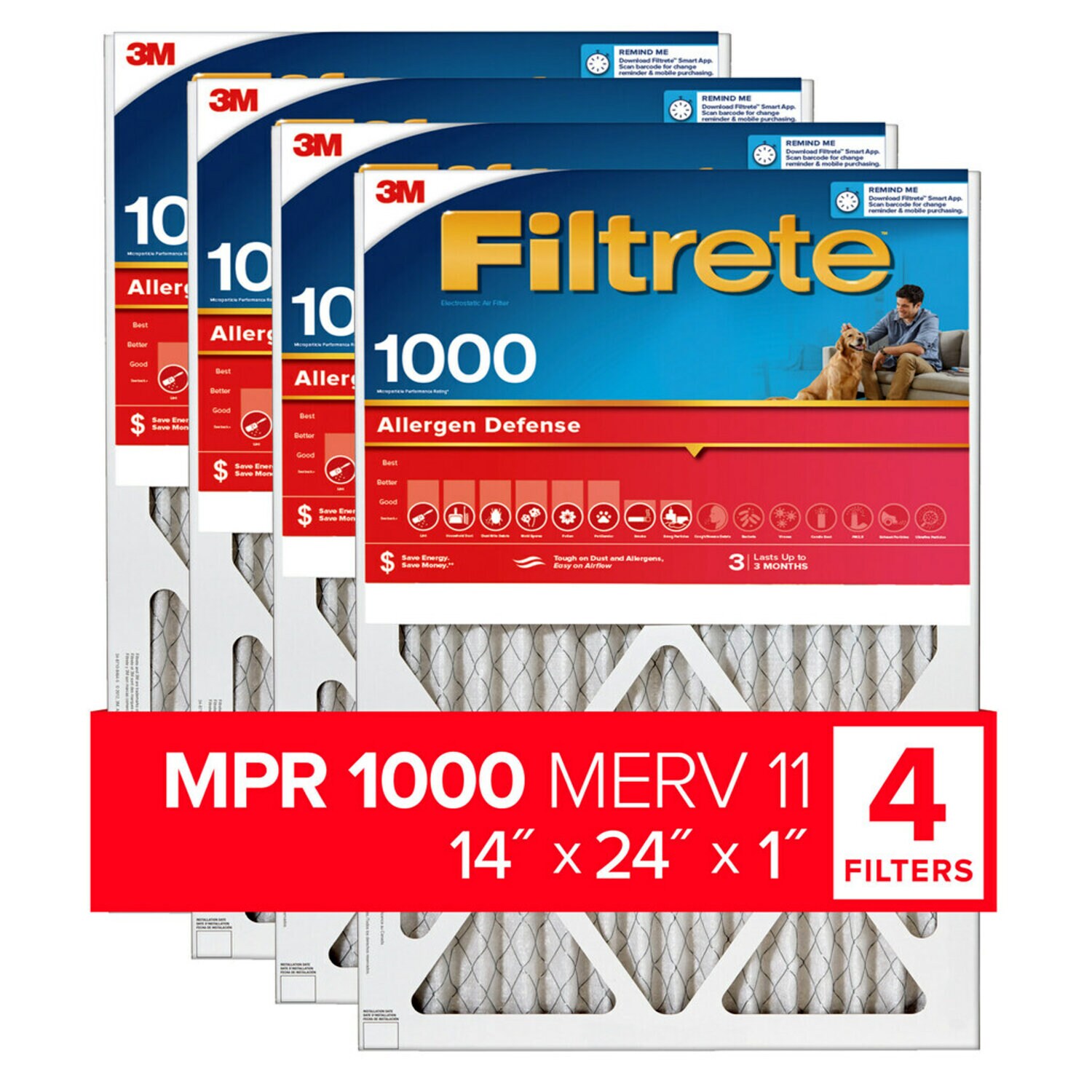 7100188899 - Filtrete Allergen Defense Air Filter, 1000 MPR, 9823-4, 14 in x 24 in x 1 in (35,5 cm x 60,9 cm x 2,5 cm)