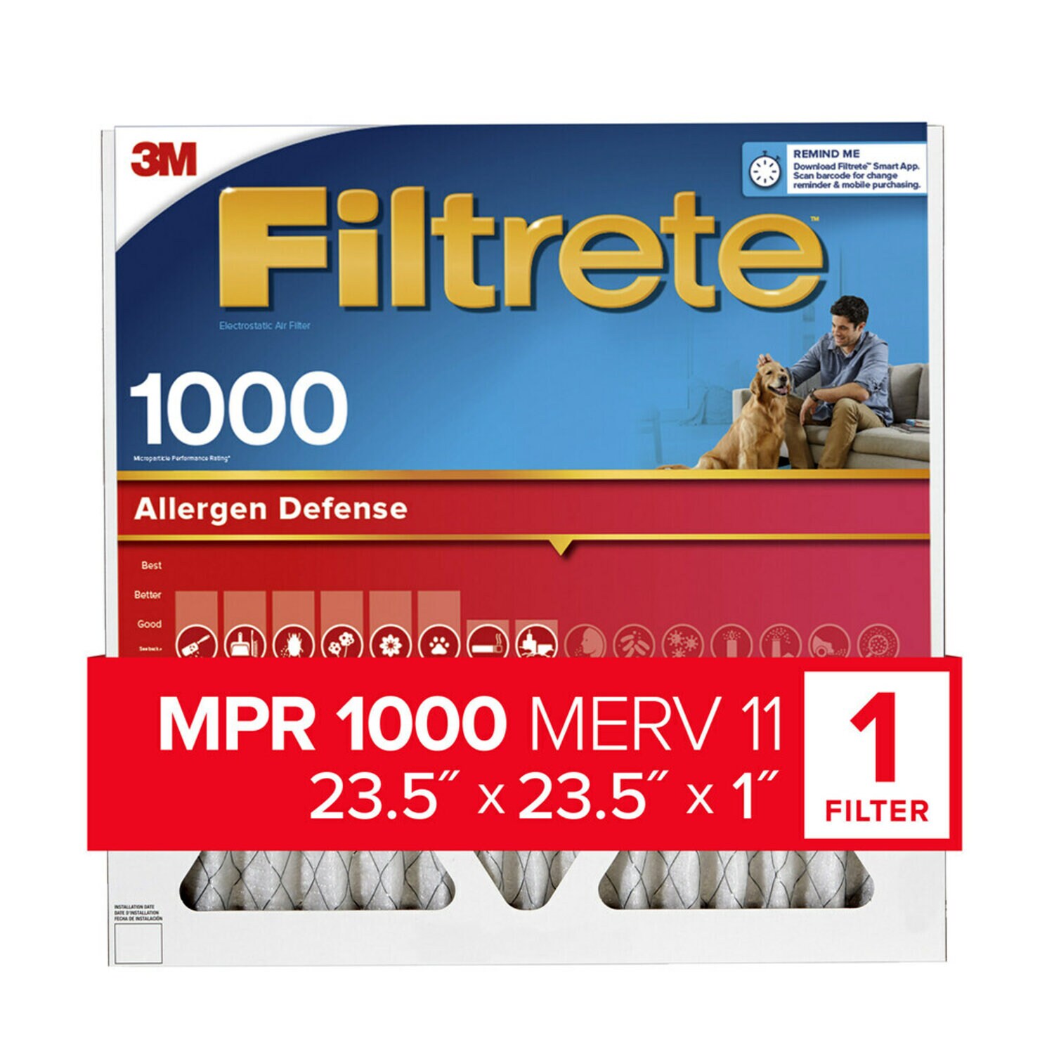 7100192555 - Filtrete Allergen Defense Air Filter, 1000 MPR, AL40-4, 23.5 in x 23.5
in x 1 in (59,6 cm x 59,6 cm x 2,5 cm)