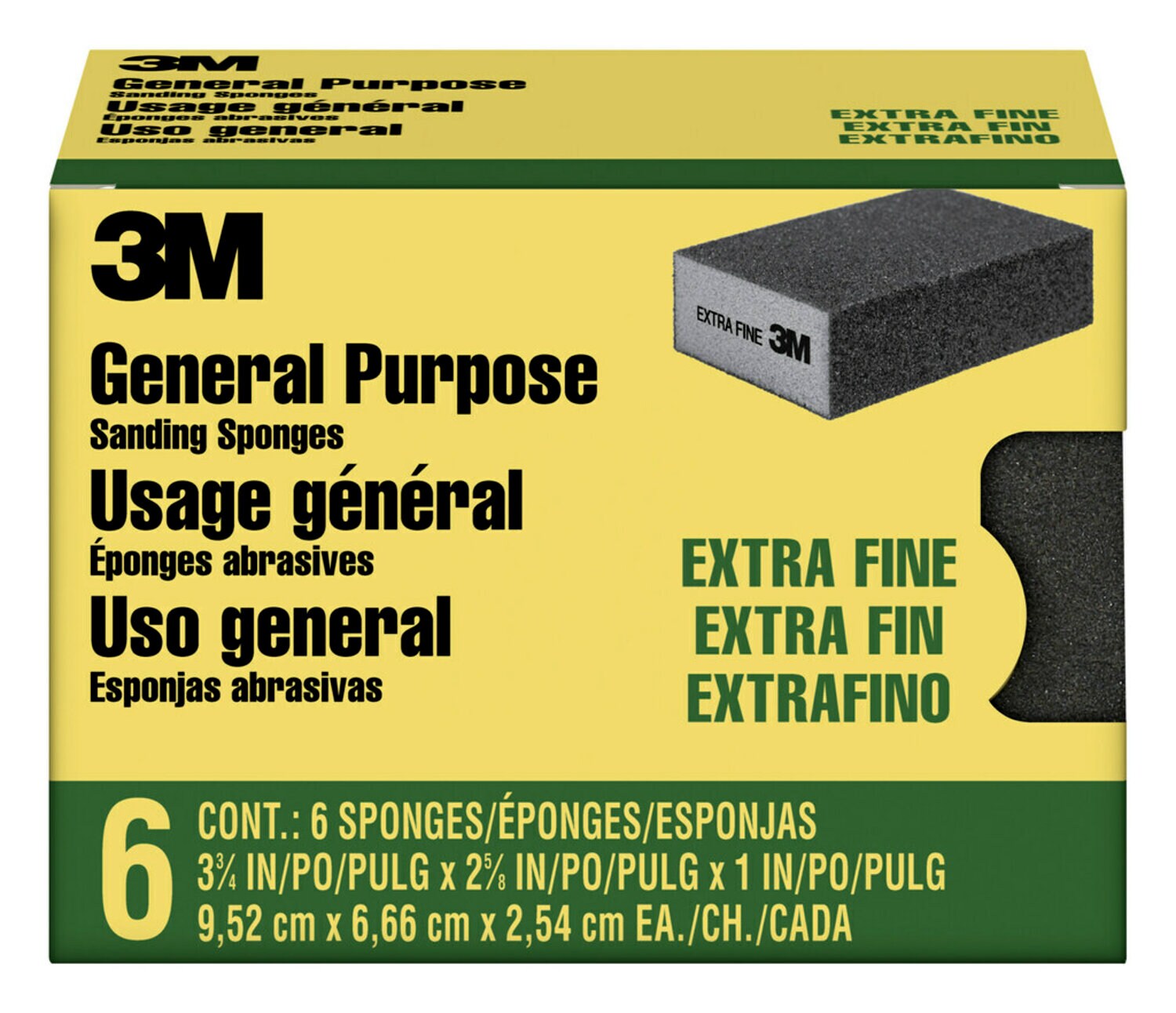 7010377868 - 3M Sanding Sponge CP000-6P-CC, Extra Fine, 3.75 in x 2.625 in x 1 in,
6-Pack