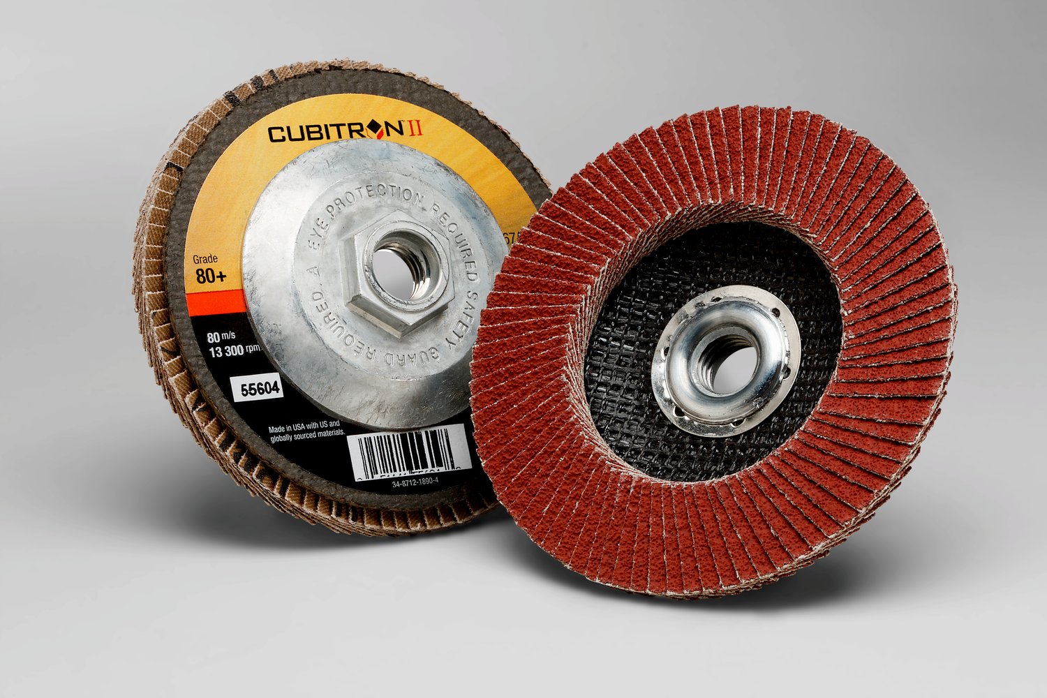 7100032505 - 3M Cubitron II Flap Disc 967A, 80+, T27 Quick Change, 4-1/2 in x
5/8"-11, 10 ea/Case