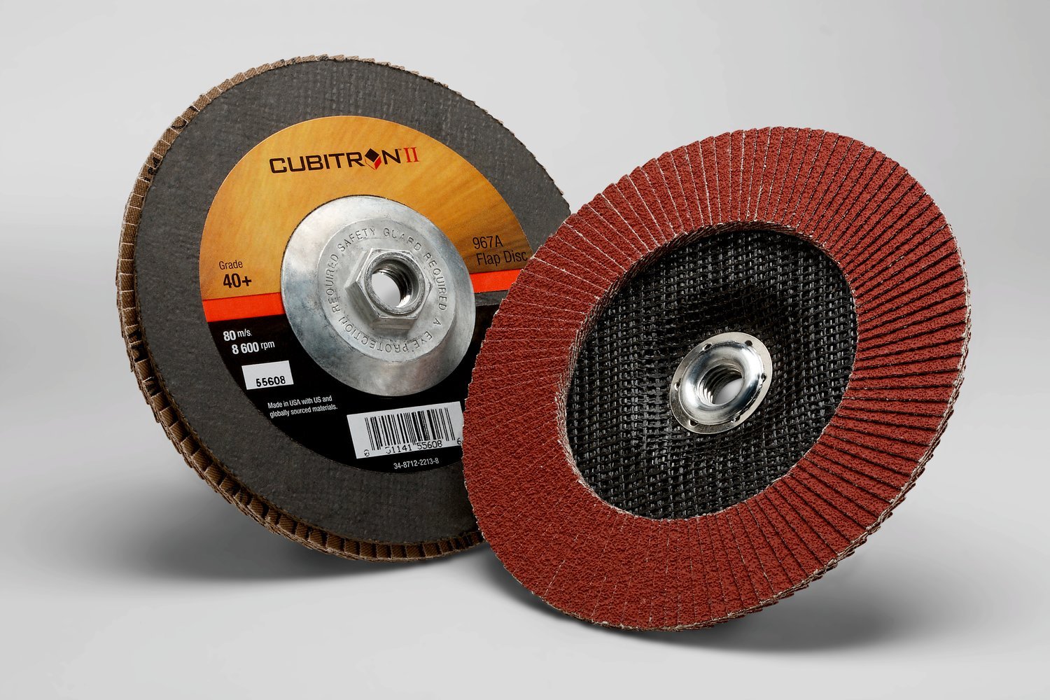 7010363290 - 3M Cubitron II Flap Disc 967A, 40+, T27 Quick Change, 7 in x 5/8"-11,
5 ea/Case