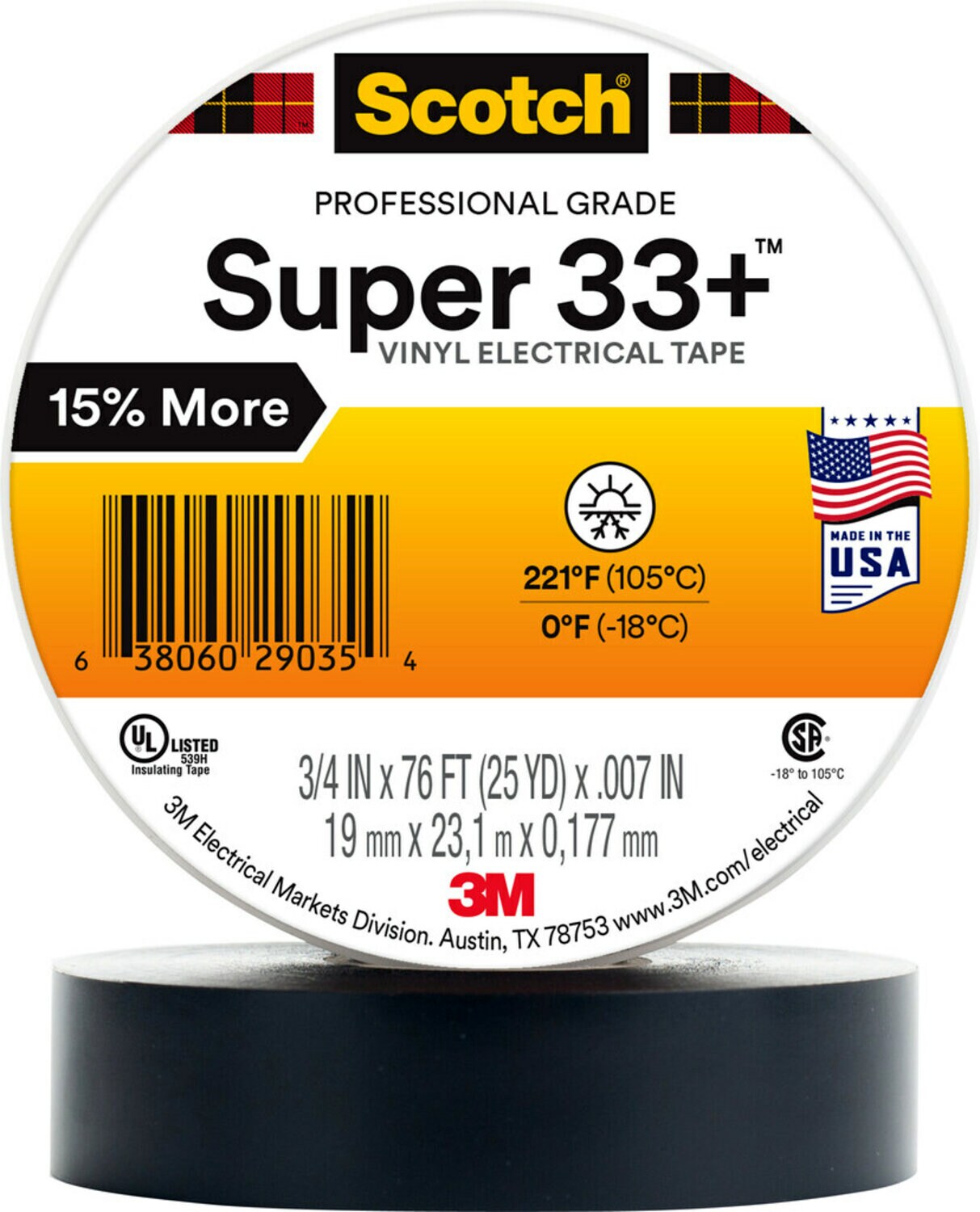 7000058808 - Scotch Super 33+ Vinyl Electrical Tape, 2 in X 36 yd, 1 in Core, Black,
1 roll/carton, 25 rolls/Case