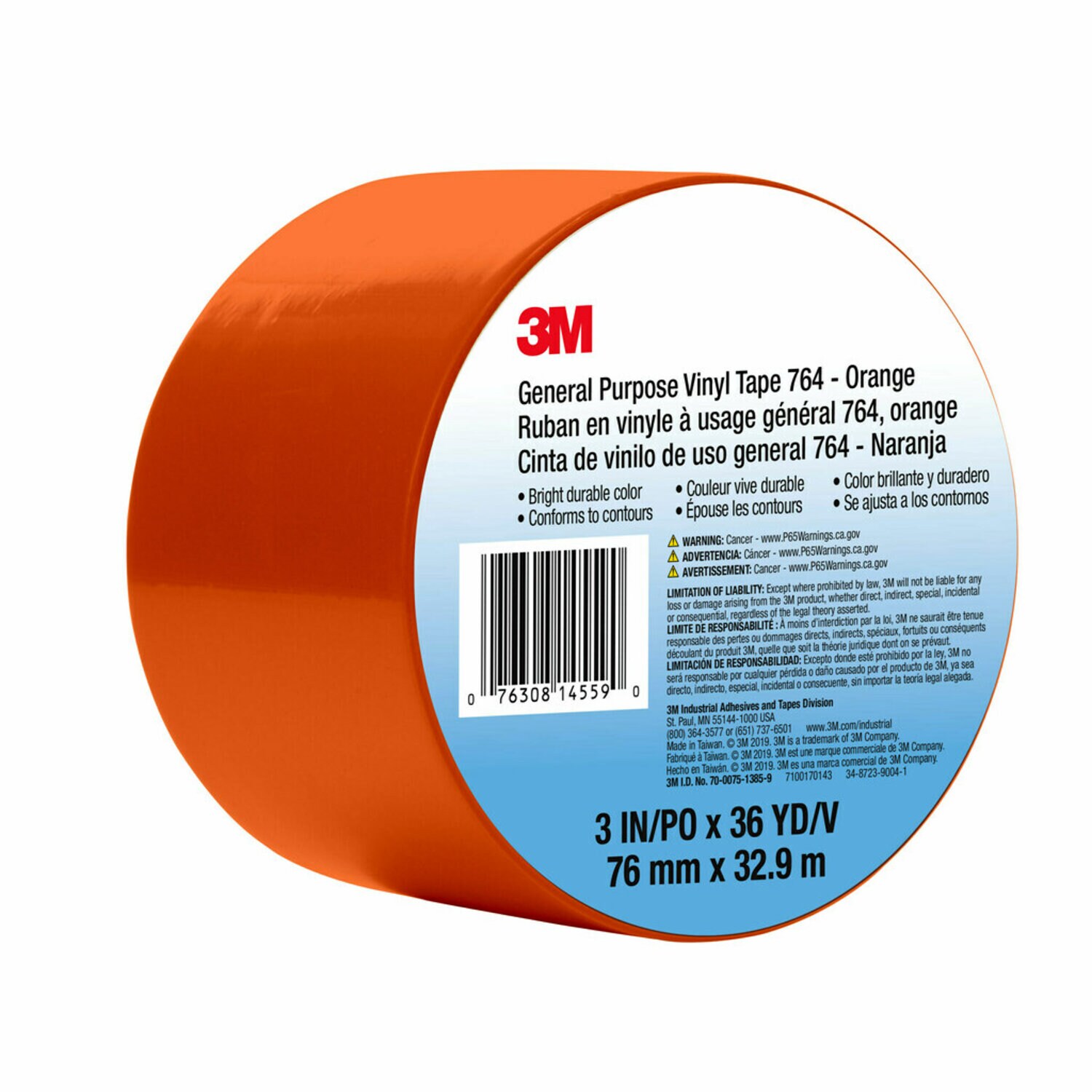 7100170143 - 3M General Purpose Vinyl Tape 764, Orange, 3 in x 36 yd, 5 mil, 12 Roll/Case, Individually Wrapped Conveniently Packaged