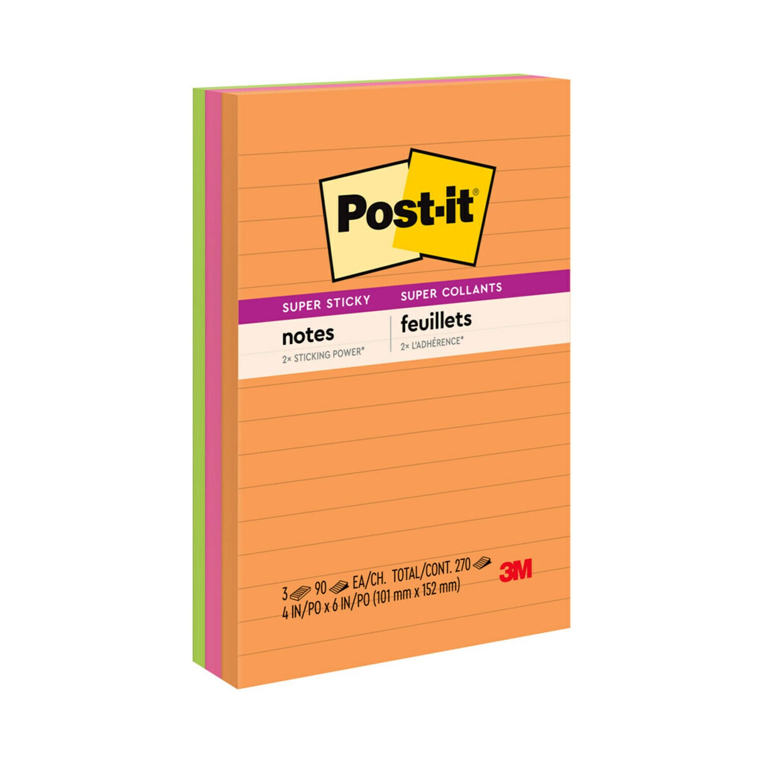 7100230244 - Post-it Super Sticky Notes 660-3SSUC, 4 in x 6 in (101 mm x 152 mm), 90 sheets/pad.