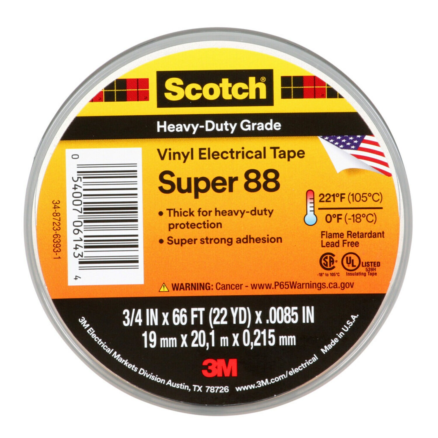 7000006092 - Scotch Vinyl Electrical Tape Super 88, 3/4 in x 66 ft, Black, 10
rolls/carton, 100 rolls/Case