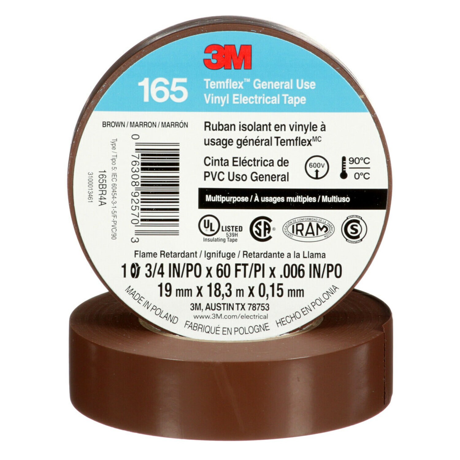 7100169191 - 3M Temflex Vinyl Electrical Tape 165, Brown, 3/4 in x 60 ft (19 mm x 18 m), 6 mil, 100 Rolls/Case