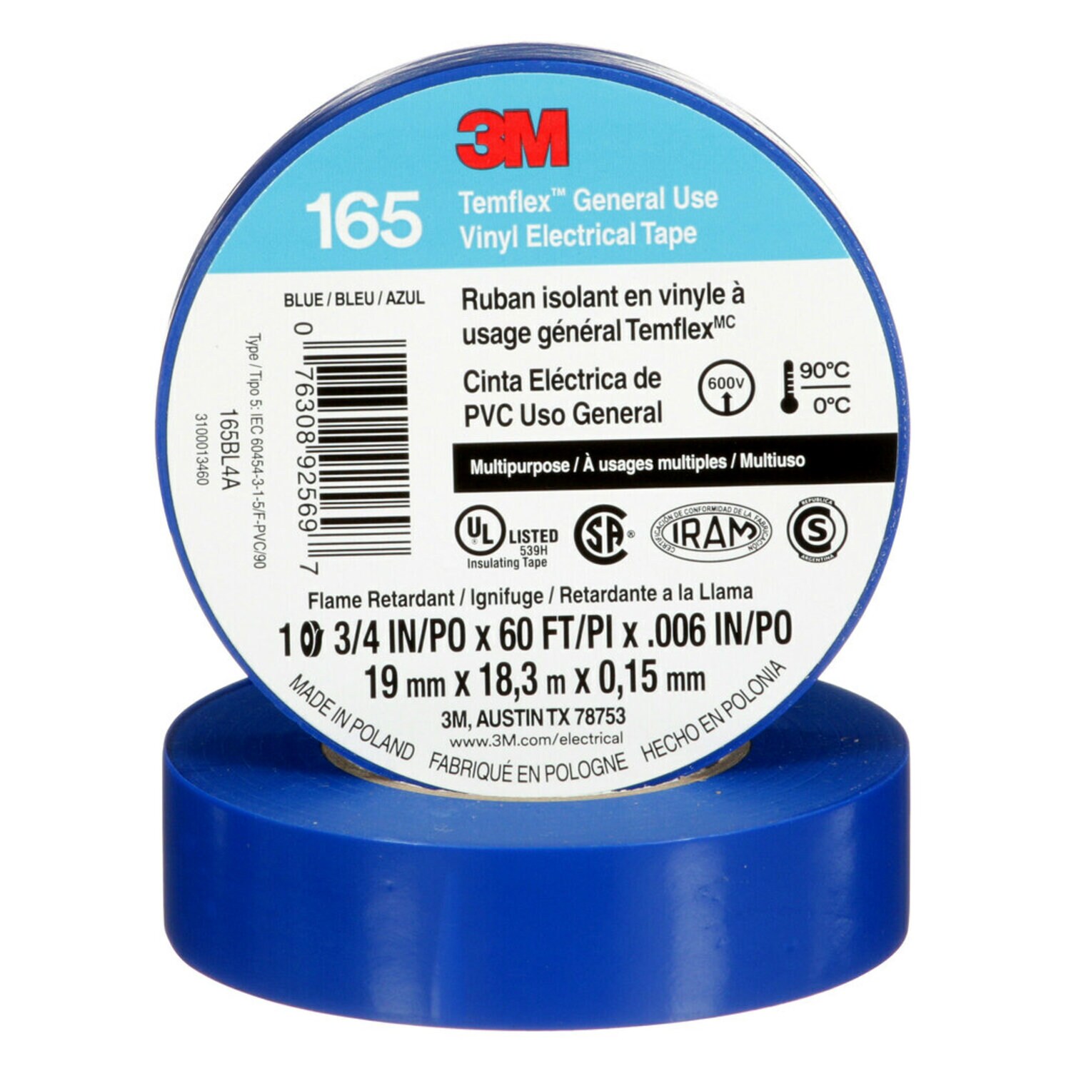 7100169429 - 3M Temflex Vinyl Electrical Tape 165, Blue, 3/4 in x 60 ft (19 mm x 18 m), 6 mil, 100 Rolls/Case