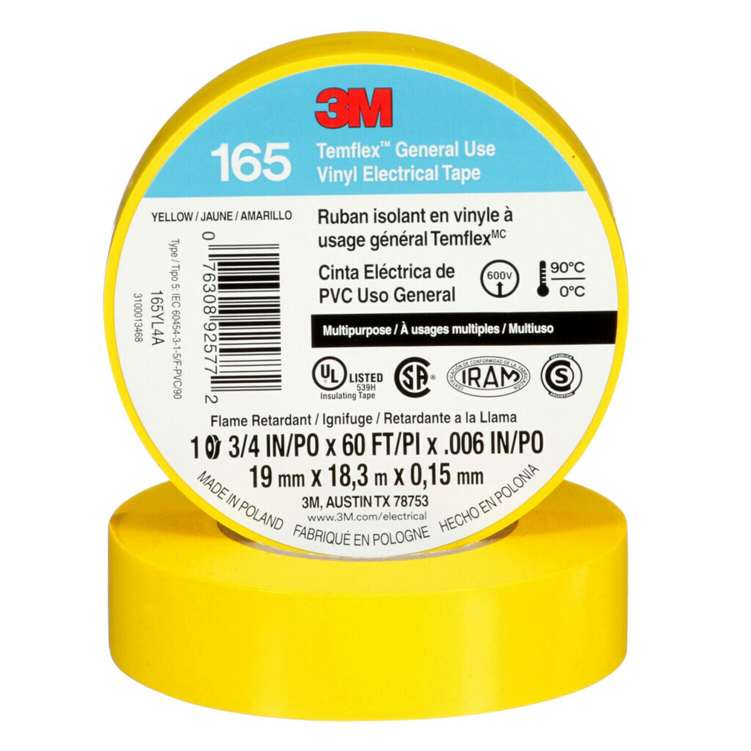 7100169490 - 3M Temflex Vinyl Electrical Tape 165, Yellow, 3/4 in x 60 ft (19 mm x 18 m), 6 mil, 100 Rolls/Case