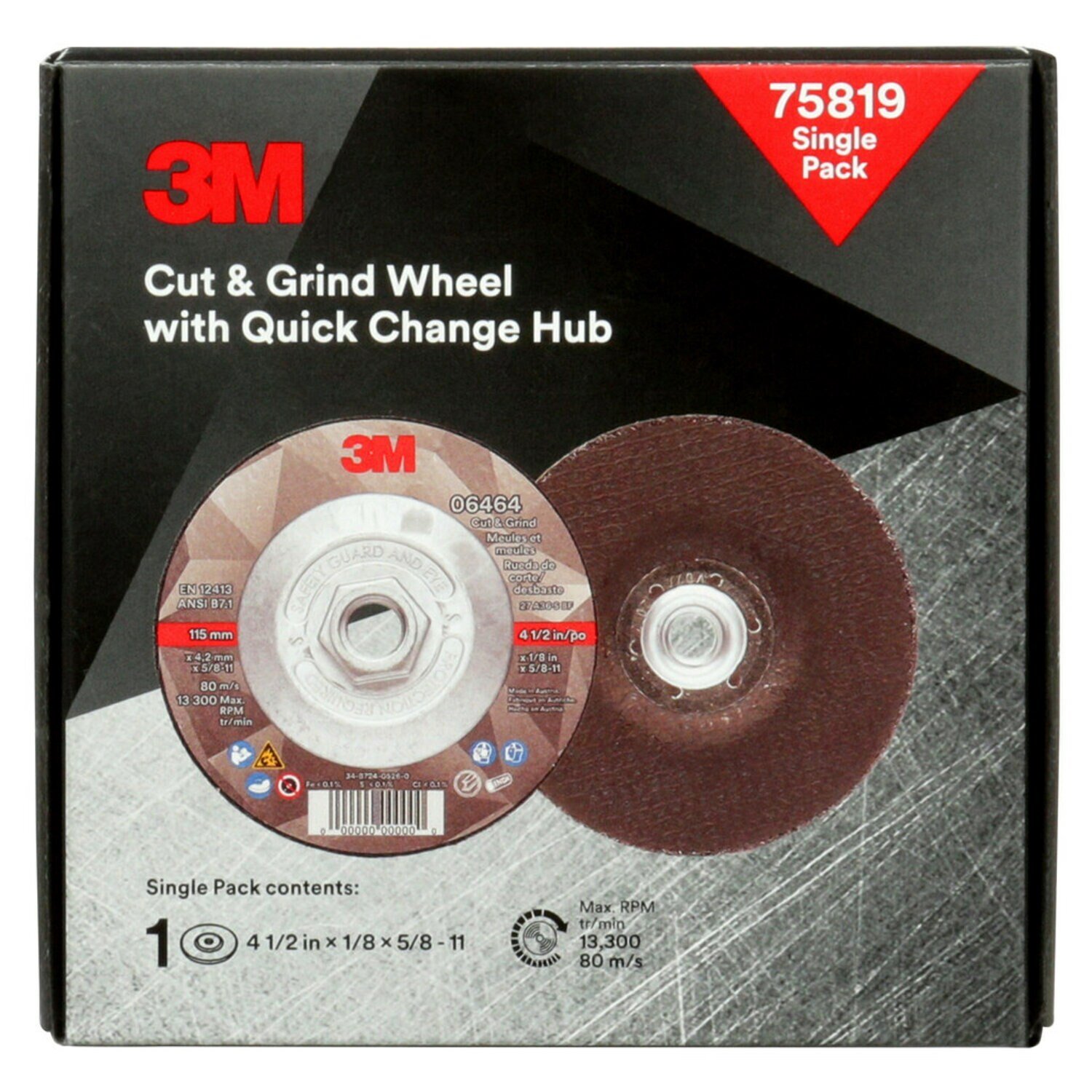 7100245019 - 3M Cut & Grind Wheel, 75819, Type 27, 4.5 in x 1/8 in x 5/8 in-11, 10
ea/Case, Single Pack