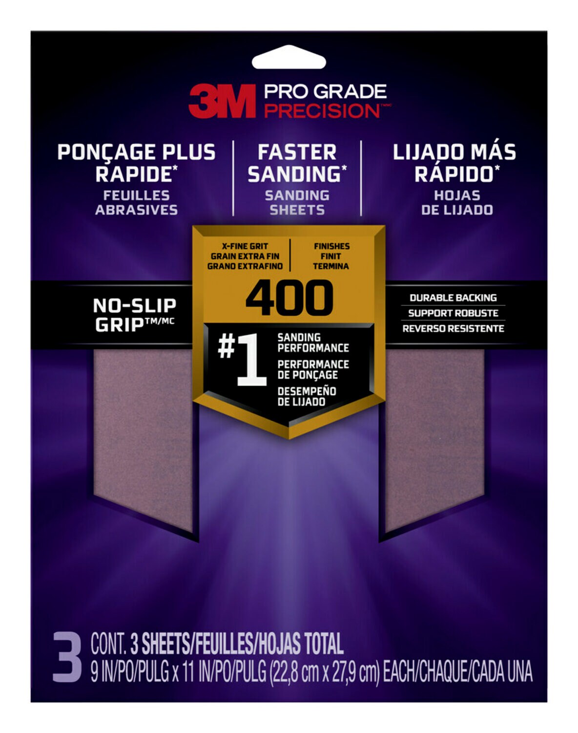 7010417005 - 3M Pro Grade Precision Faster Sanding Sanding Sheets 400 grit X-Fine,
26400TRI-3, 9 in x 11 in, 3/pk