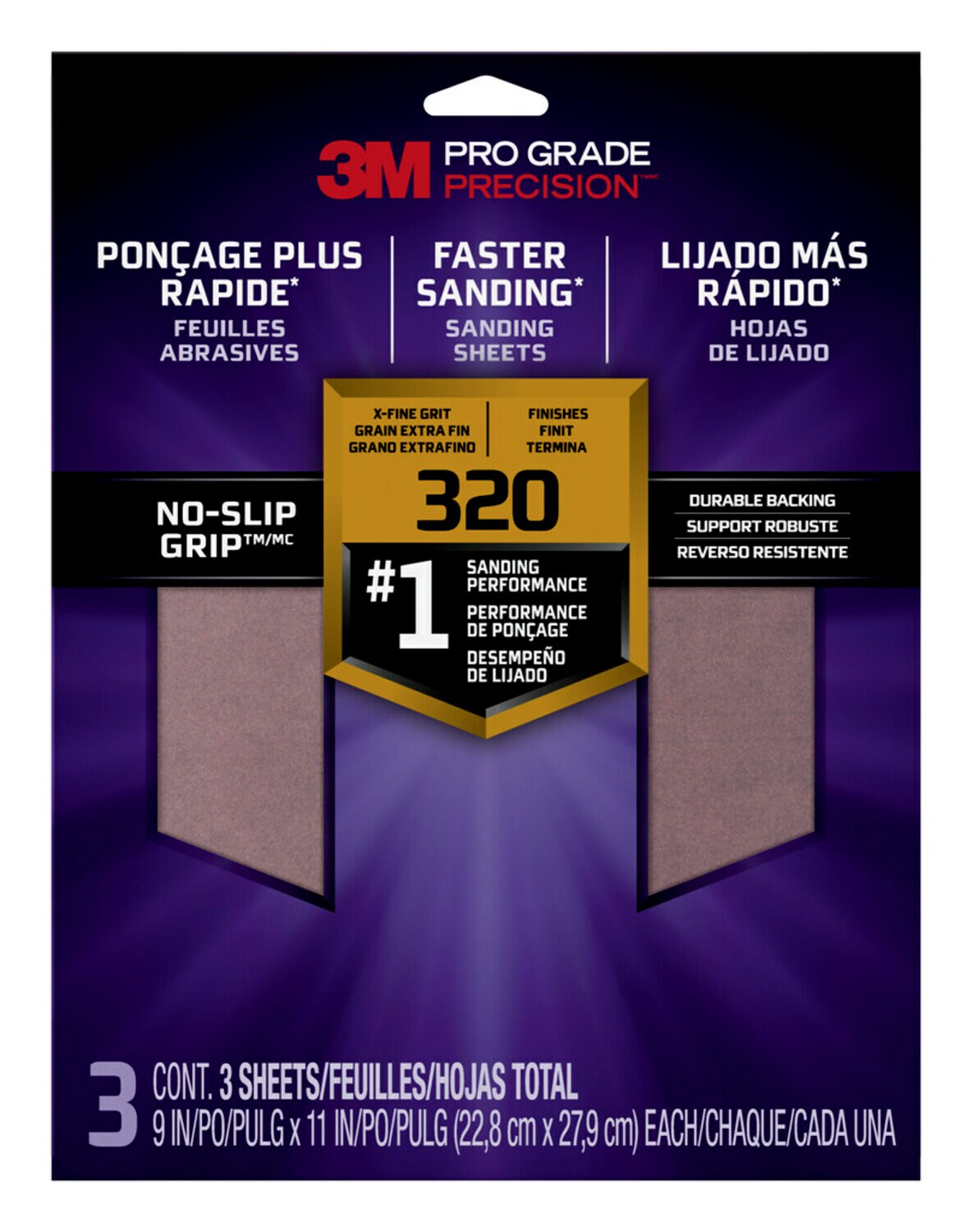 7010416999 - 3M Pro Grade Precision Faster Sanding Sanding Sheets 320 grit X-Fine,
26320TRI-3, 9 in x 11 in, 3/pk