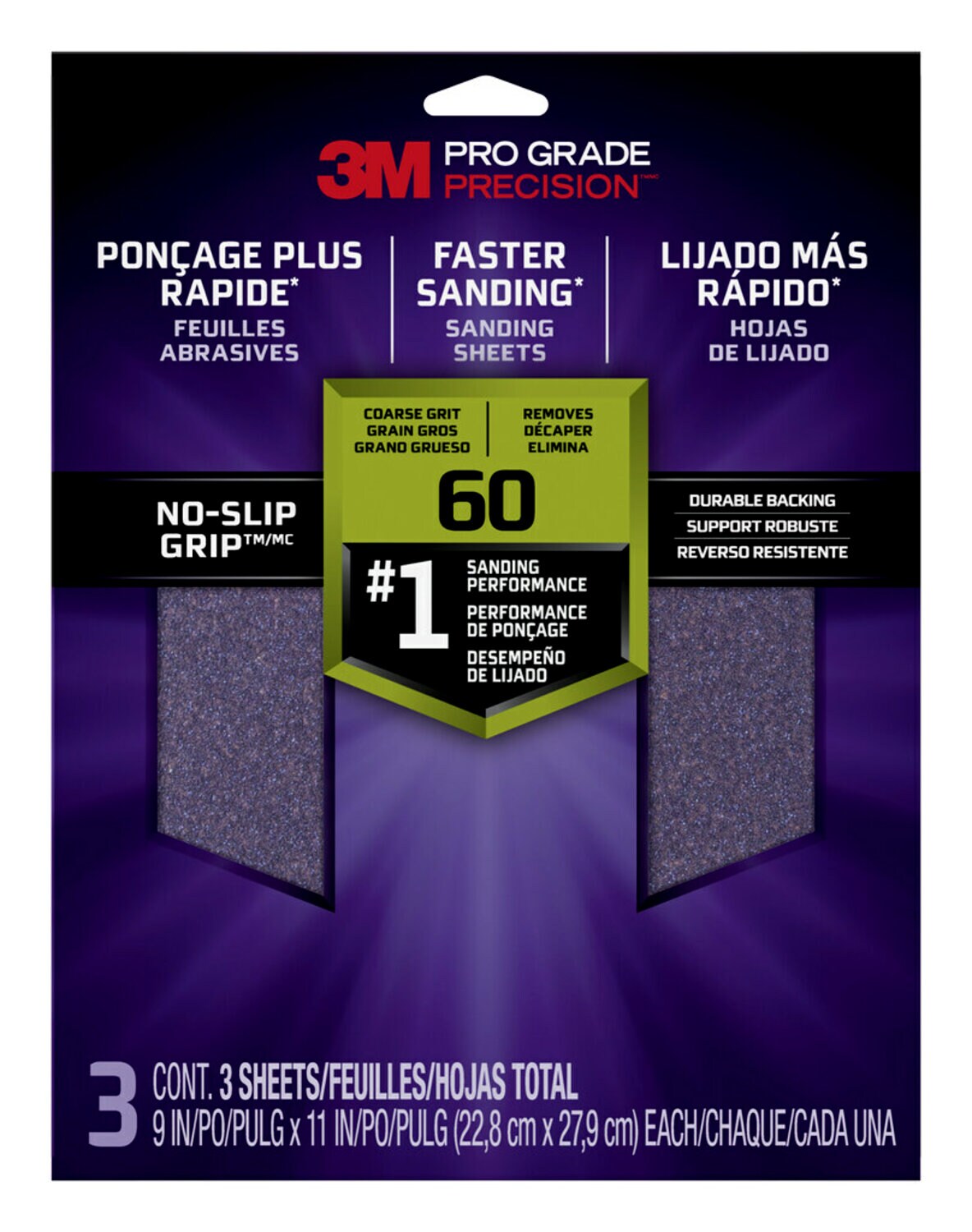 7010417000 - 3M Pro Grade Precision Faster Sanding Sanding Sheets 60 grit Coarse,
26060TRI-3, 9 in x 11 in, 3/pk